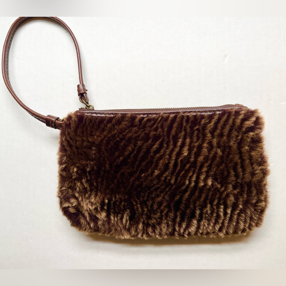 Patricia Nash Faux Fur and Leather Clutch Wristlet in Brown with Strap. 8” x 5”